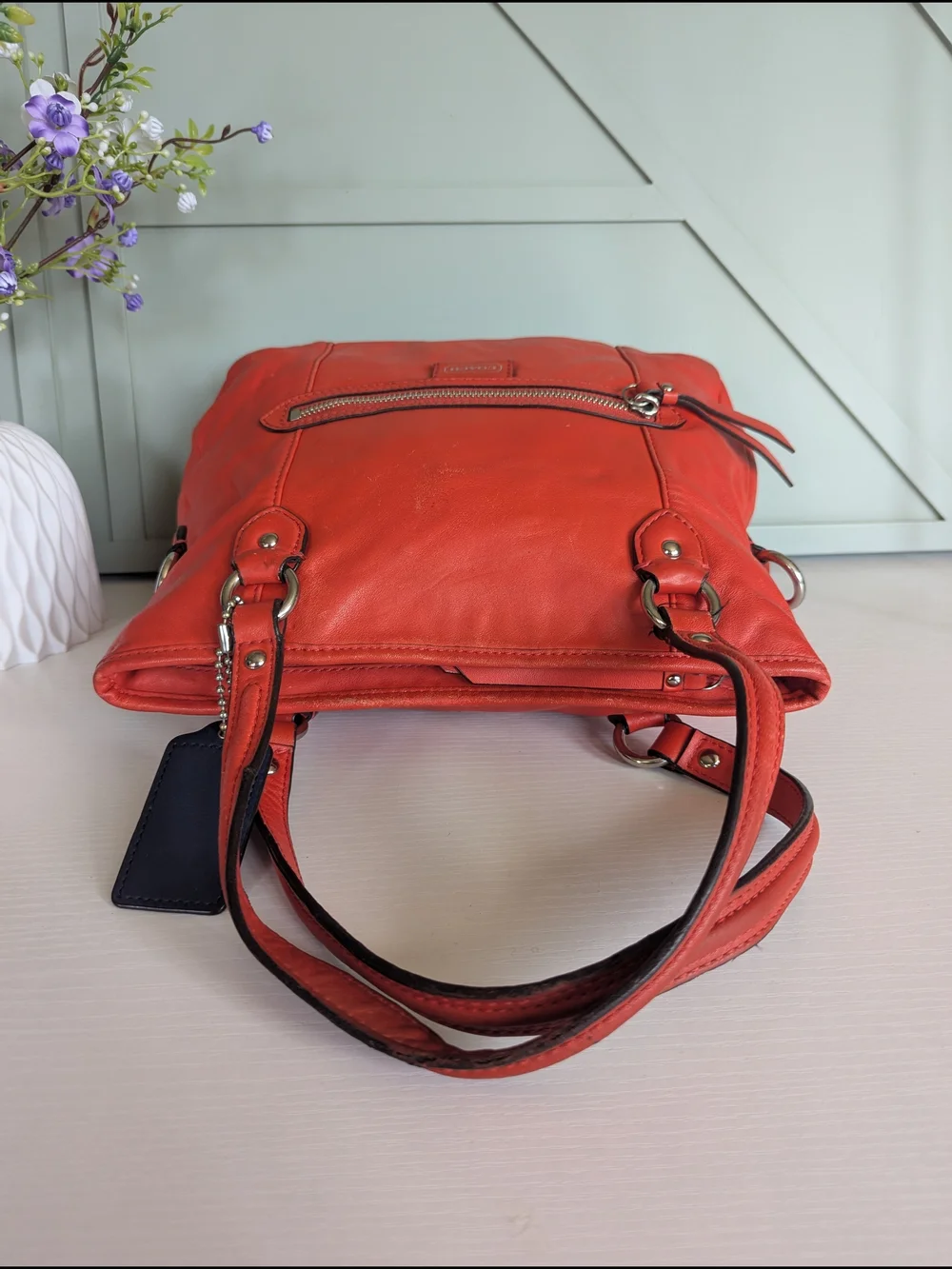 Coach Red Leather Tote Bag with Front Zip Pocket